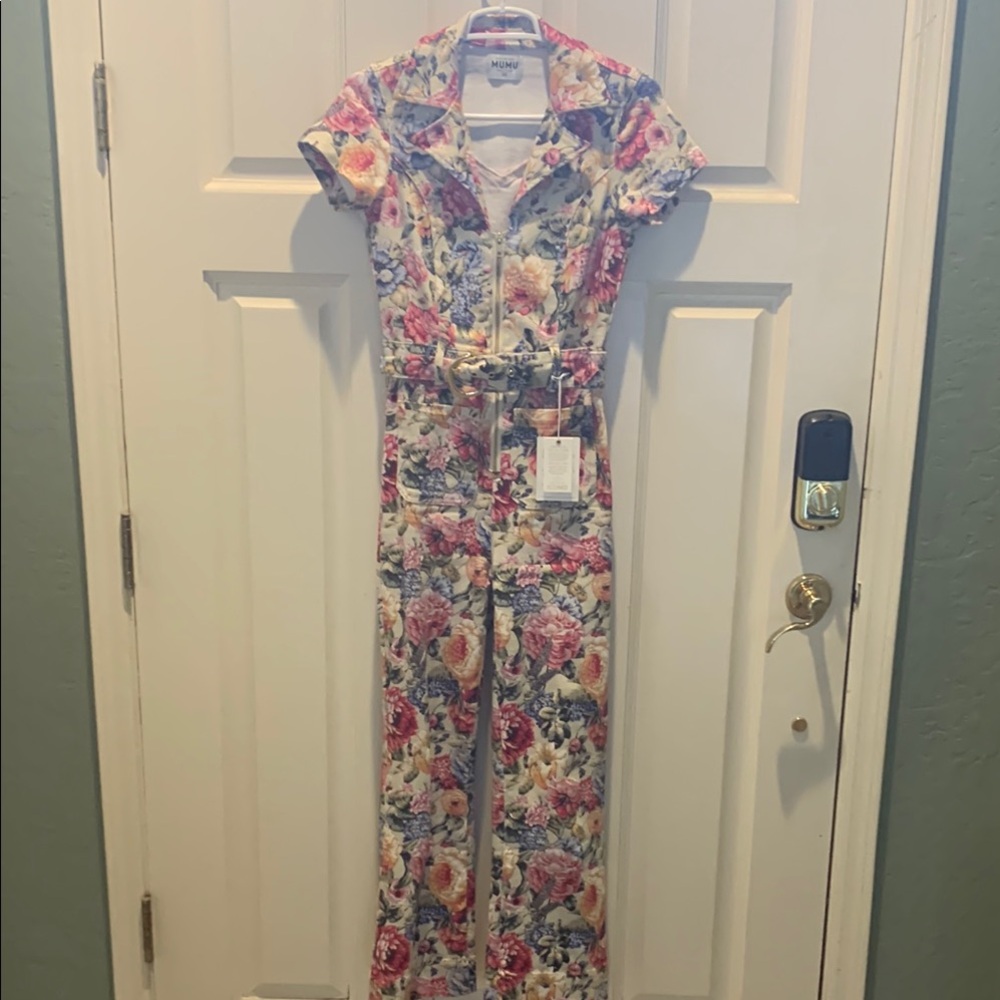 Show Me Your Mimi  Pink, Blue, cream and Red Floral Jumpsuit with Belt